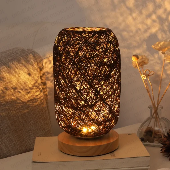 Wooden base Rattan Twine Ball Lights Table Lamp Home Decor Living Room Bedroom Bedside Desk Lamp Night light USB and EU plug - Image 4