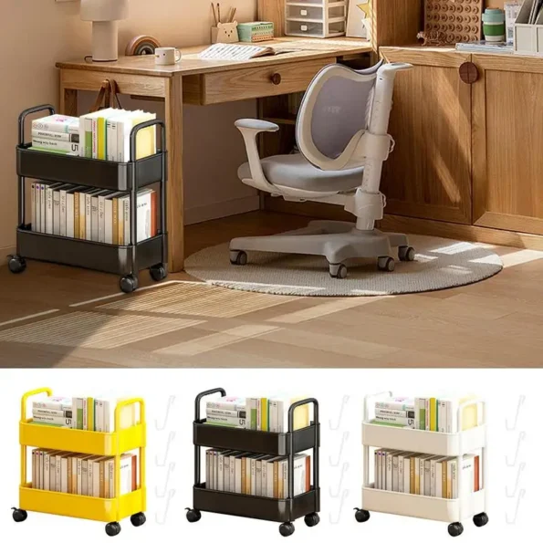 2 Tiers Movable Bookshelf Cart Book Rack Large Capacity Bookcase With Wheels Multi-Functional Mobile Book Cart Organizer