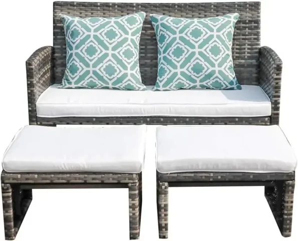 Outdoor Loveseat Patio Furniture Rattan Conversation Set with Ottoman,White Cushions,Grey Wicker, outdoor furniture - Image 6