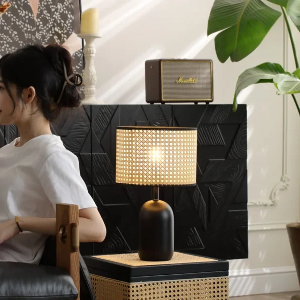 Japanese Style Wabi Sabi Style Rattan Table Lamps Black Rattan Lamp Nordic Retro Living Room Decor Bedroom Bedside Table Lights - Image 3