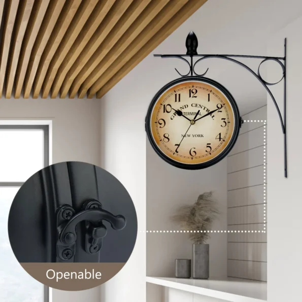 Double-Sided Train Station Waterproof Wall Clock- Retro Wrought Iron Design - Image 3