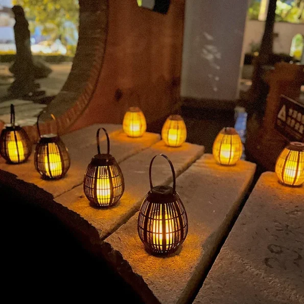 Outdoor Solar Imitation Rattan Lantern Courtyard Balcony Garden Decoration Candle Lights Creative Atmosphere Bamboo Chandelier - Image 3