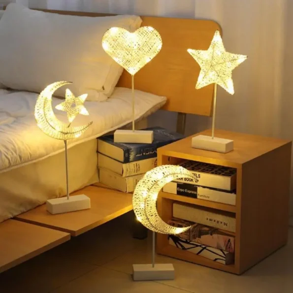 Rattan Weave Star Moon Night Light Battery Powered Romantic Table Lamp For Home Living Room Decor Desktop Ornament Bedside Lamp