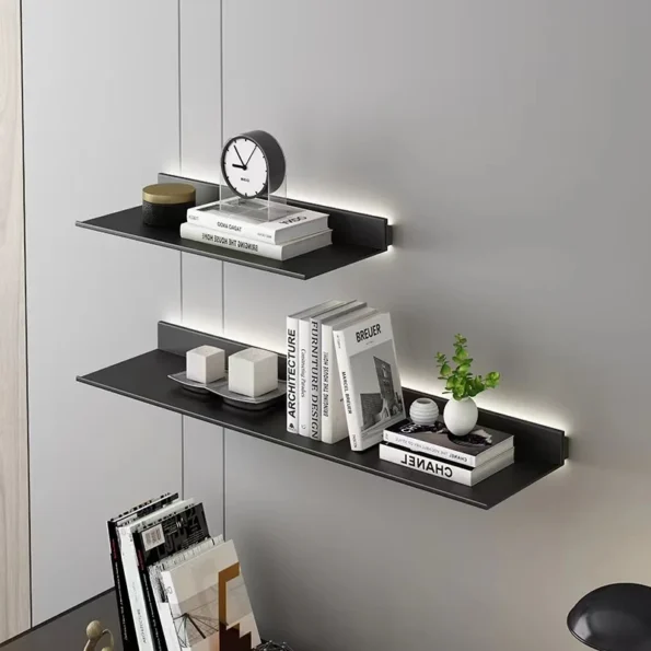 Luminous Wall Shelf One-word Aluminum Alloy Shelf Lighted Open Bookshelf Living Room Wall-mounted Shelf Display Rack - Image 2