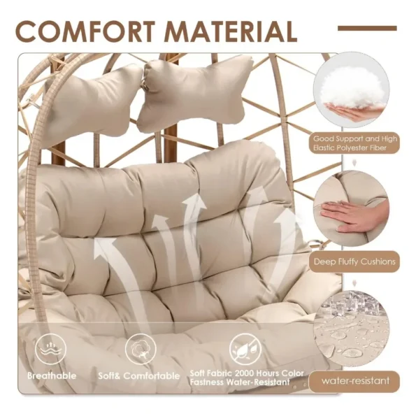 2 Person Wicker Swing Double Egg Chair with Stand, Rattan Wicker Hanging Egg Chair Hammock Chair with Cushion and Pillow - Image 4