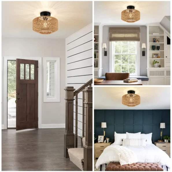 Rattan Ceiling Lamp E27 LED Lights Hand Woven Bedroom Hanging Lamps For Ceiling Light Modern Home Decoration Light Fixture - Image 4