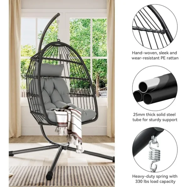 Hanging Egg Swing Chair with Stand Wicker Outdoor Hammock  Cushions 330lbs for Patio,Garden and Balcony,Dark Gray(Stand Included - Image 3