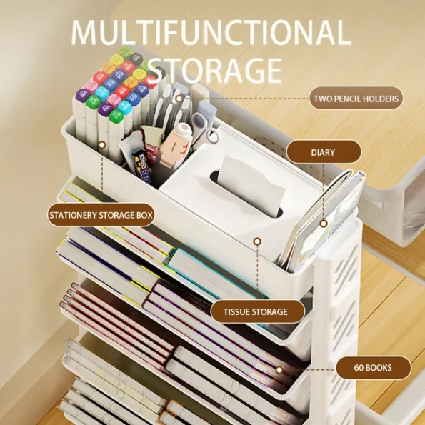 Floor Mounted Movable Bookshelf with Wheels Classroom Desk Storage Rack Study Large Capacity Multi-layer Book Storage Rack - Image 3