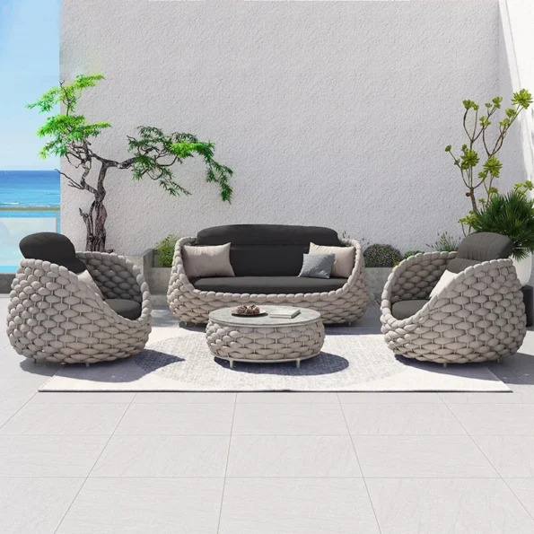Rattan Chair Sofa Outdoor Terrace Sofa Tea Table Combination Living Room Courtyard Model Room Outdoor Furniture - Image 2
