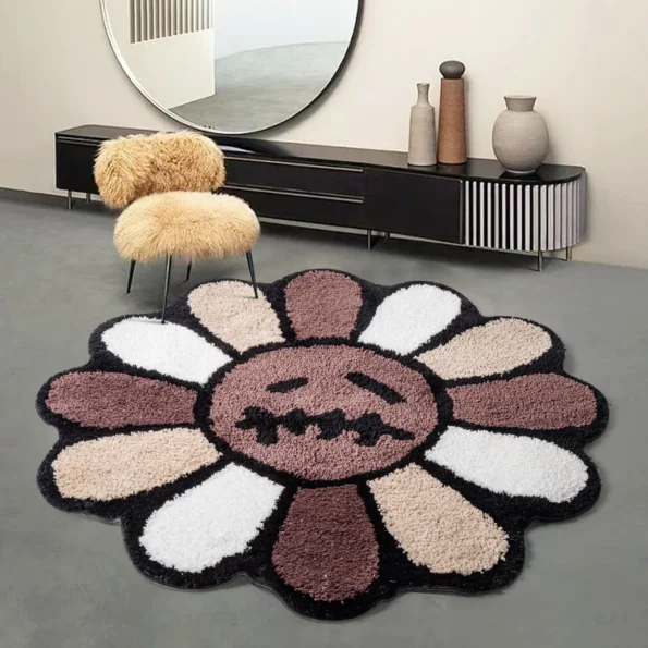 Smiling Face Tufted Rug Flower Art Rug for Bedroom Living Room Retro Rainbow Fluffy Bathroom Smile Rug Nonslip Mat Home Decor