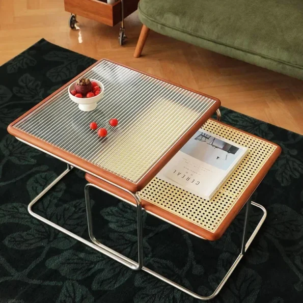 Retro Medieval Style Rattan Coffee Table Glass Side Table Living Room Corner Coffee Tables Combination Table Simple Design