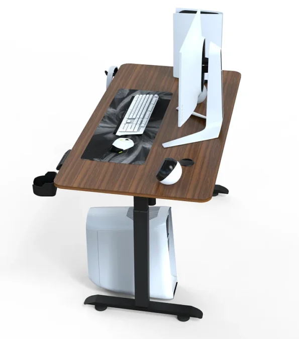 Gaming desk table in wooden grain color worktop and chrome steel base feet - Image 3