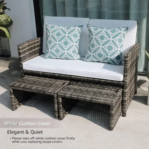 Outdoor Loveseat Patio Furniture Rattan Conversation Set with Ottoman,White Cushions,Grey Wicker, outdoor furniture - Image 3