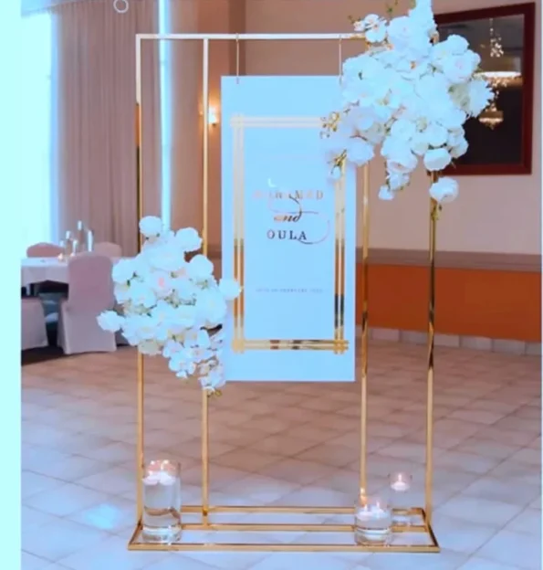 Wedding Arch Square Backdrop Balloon Stand, Shiny Metal, Gold Plating, Outdoor, Artificial Flower, Door Shelf Frame