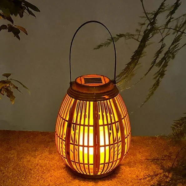 Outdoor Solar Imitation Rattan Lantern Courtyard Balcony Garden Decoration Candle Lights Creative Atmosphere Bamboo Chandelier - Image 2