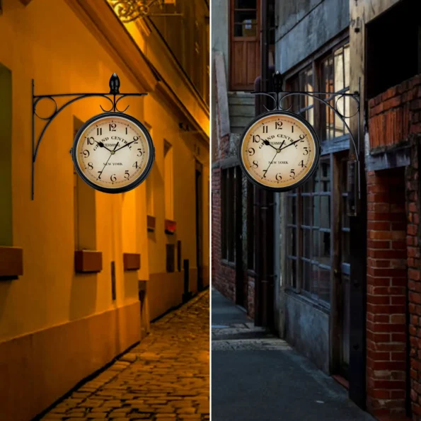 Double-Sided Train Station Waterproof Wall Clock- Retro Wrought Iron Design - Image 2
