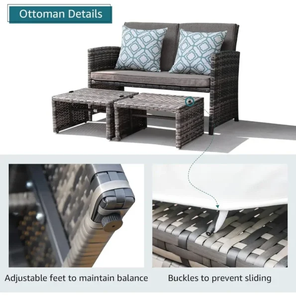 Outdoor Loveseat Patio Furniture Rattan Conversation Set with Ottoman,White Cushions,Grey Wicker, outdoor furniture - Image 2