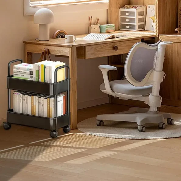 2 Tiers Movable Bookshelf Cart Book Rack Large Capacity Bookcase With Wheels Multi-Functional Mobile Book Cart Organizer - Image 5