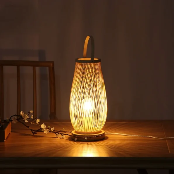 Table Desk Lamp,Night Light Small Rattan Hollow-Out Bamboo Boho Decorative Nightstand Solid Wood Base Lamp for Bedroom,Living