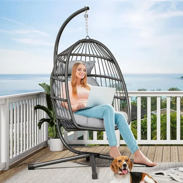 Hanging Egg Swing Chair with Stand Wicker Outdoor Hammock  Cushions 330lbs for Patio,Garden and Balcony,Dark Gray(Stand Included - Image 2