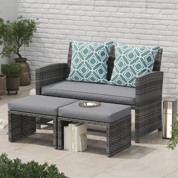 Outdoor Loveseat Patio Furniture Rattan Conversation Set with Ottoman,White Cushions,Grey Wicker, outdoor furniture - Image 4