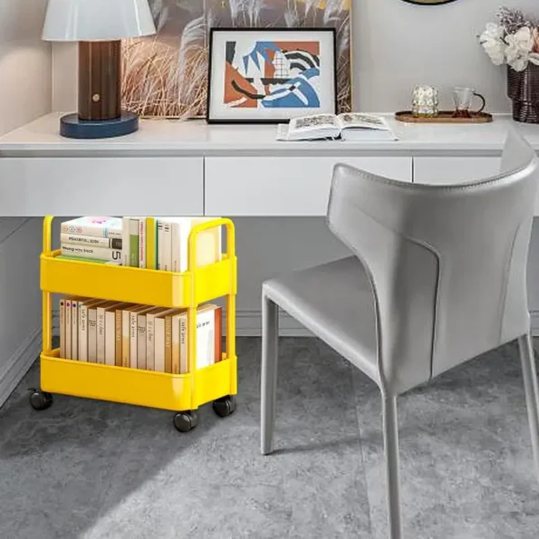 2 Tiers Movable Bookshelf Cart Book Rack Large Capacity Bookcase With Wheels Multi-Functional Mobile Book Cart Organizer - Image 4