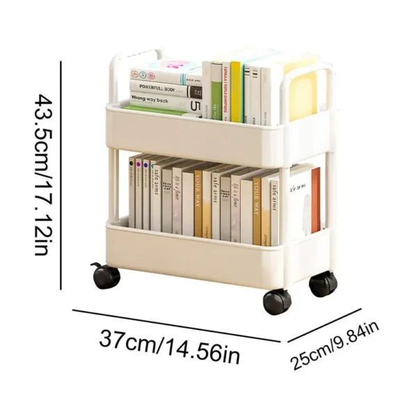 2 Tiers Movable Bookshelf Cart Book Rack Large Capacity Bookcase With Wheels Multi-Functional Mobile Book Cart Organizer - Image 6