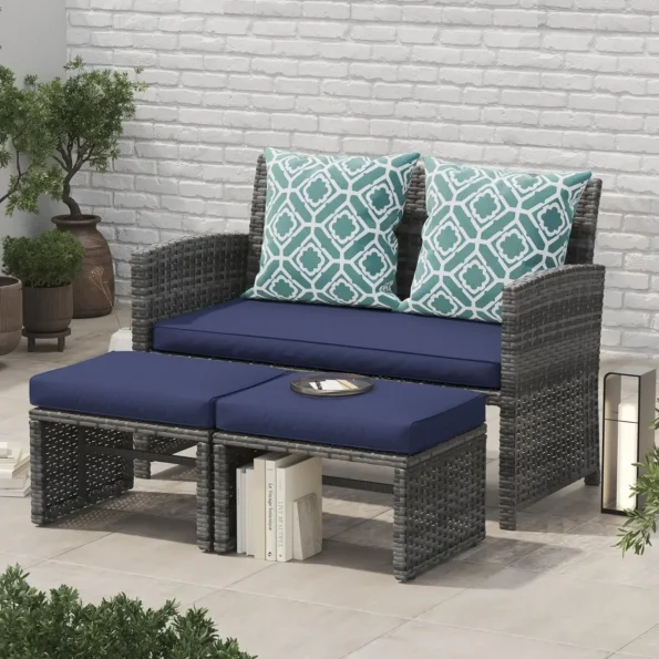 Outdoor Loveseat Patio Furniture Rattan Conversation Set with Ottoman,White Cushions,Grey Wicker, outdoor furniture - Image 5