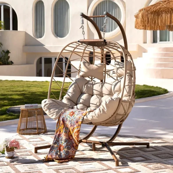 2 Person Wicker Swing Double Egg Chair with Stand, Rattan Wicker Hanging Egg Chair Hammock Chair with Cushion and Pillow - Image 2
