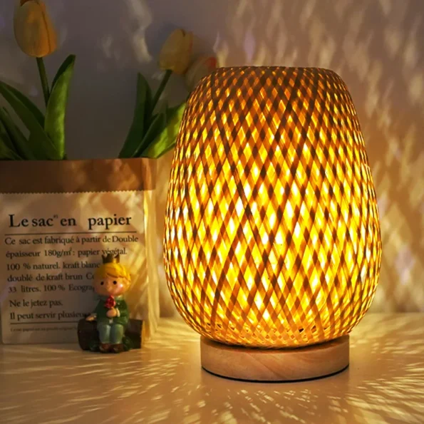 Small Rattan Table Lamp Dimmable Beside Lamp Vintage Wicker Wooden Night Stand Lamp for Bedroom Living Housing Home Room - Image 4