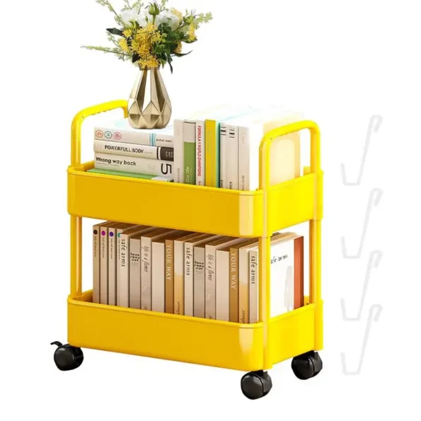 2 Tiers Movable Bookshelf Cart Book Rack Large Capacity Bookcase With Wheels Multi-Functional Mobile Book Cart Organizer - Image 2
