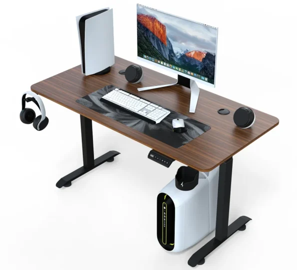 Gaming desk table in wooden grain color worktop and chrome steel base feet - Image 2
