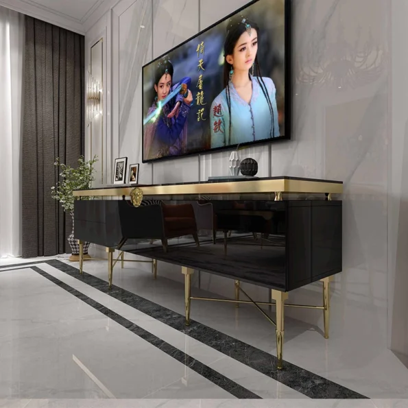 Light Luxury Tv Cabinet Living Room Furniture Modern Stainless Steel Tv Cabinet Lacquered Furniture - Image 3