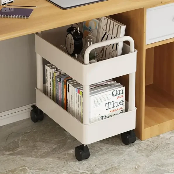 2 Tiers Movable Bookshelf Cart Book Rack Large Capacity Bookcase With Wheels Multi-Functional Mobile Book Cart Organizer - Image 3