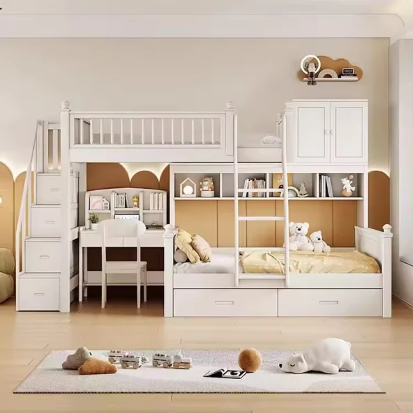 Home furniture bedroom for 3 kids cartoon kids salon furniture fantastic bedroom wooden bunk bed for kids with drawers