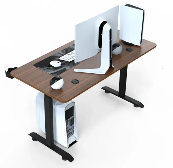 Gaming desk table in wooden grain color worktop and chrome steel base feet - Image 4