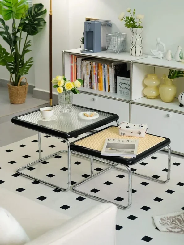 Retro Medieval Style Rattan Coffee Table Glass Side Table Living Room Corner Coffee Tables Combination Table Simple Design - Image 4