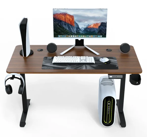 Gaming desk table in wooden grain color worktop and chrome steel base feet - Image 5