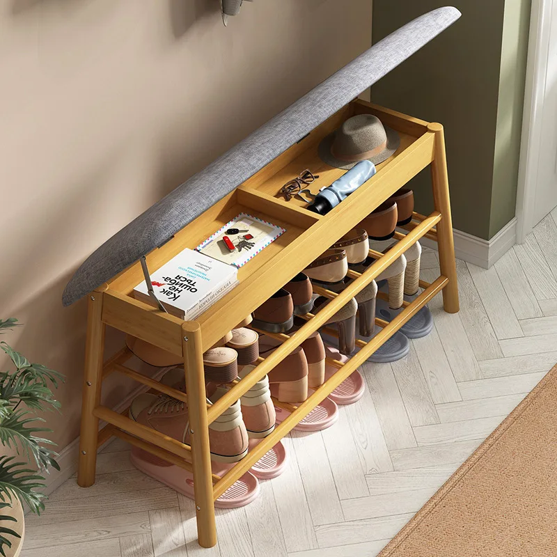 Shoe Rack Bench, Bamboo Entryway Bench, Simple Organizer with 2 Tier Storage Good Load Bearing for Hallway Living Room 출입구 벤치 - Image 2