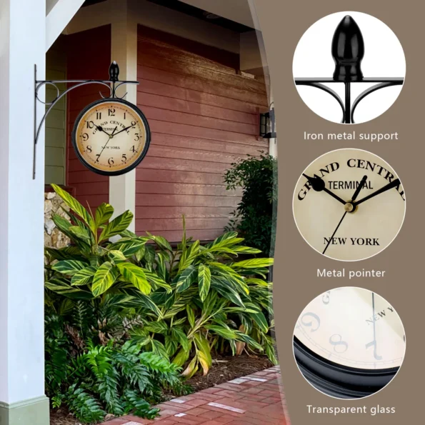 Double-Sided Train Station Waterproof Wall Clock- Retro Wrought Iron Design - Image 4